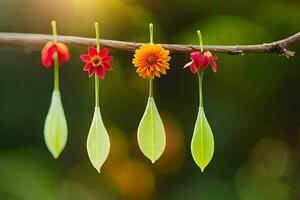 vier bladeren hangende van een Afdeling met bloemen. ai-gegenereerd foto