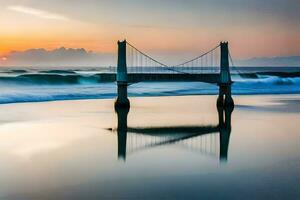 een brug over- de oceaan Bij zonsondergang. ai-gegenereerd foto