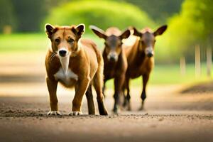 een groep van bruin en wit paarden wandelen naar beneden een weg. ai-gegenereerd foto