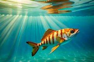 een vis zwemmen in de water met zonlicht schijnend omlaag. ai-gegenereerd foto