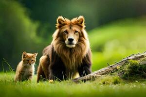 een leeuw en een vos in de gras. ai-gegenereerd foto