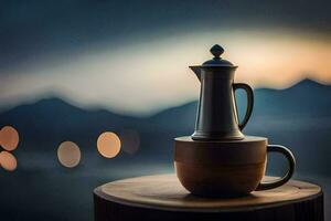 koffie pot, beker, berg, licht, bokeh, hd behang. ai-gegenereerd foto