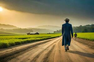 een Mens in een blauw pak wandelingen naar beneden een aarde weg. ai-gegenereerd foto