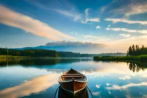 een boot Aan de meer Bij zonsondergang. ai-gegenereerd foto