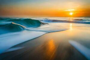 de zon sets over- de oceaan in deze lang blootstelling fotograaf. ai-gegenereerd foto