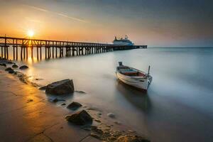 een boot zit Aan de strand Bij zonsondergang. ai-gegenereerd foto