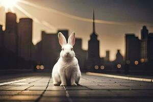 een wit konijn is zittend Aan een straat in voorkant van een stad. ai-gegenereerd foto