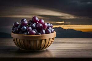 druiven in een houten kom Aan een tafel. ai-gegenereerd foto