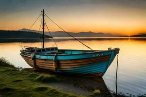 een boot zit Aan de kust Bij zonsondergang. ai-gegenereerd foto