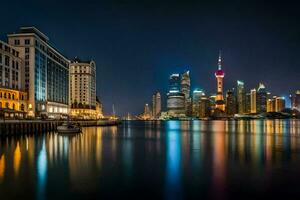 de Shanghai horizon Bij nacht. ai-gegenereerd foto