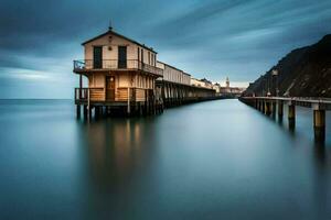 een lang blootstelling foto van een pier en een huis. ai-gegenereerd