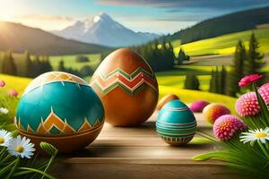Pasen eieren Aan een houten tafel met bloemen en bergen in de achtergrond. ai-gegenereerd foto