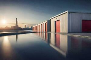 een rood garage met een reflectie van de zon. ai-gegenereerd foto