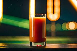 een glas van oranje sap zittend Aan een tafel in voorkant van neon lichten. ai-gegenereerd foto