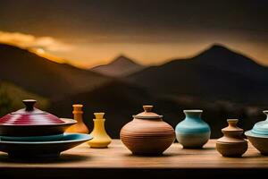 keramisch potten en vazen Aan een tafel met bergen in de achtergrond. ai-gegenereerd foto