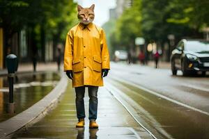 een Mens vervelend een vos masker Aan een regenachtig dag. ai-gegenereerd foto