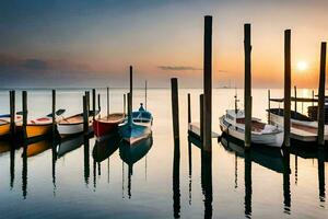 boten aangemeerd Bij de pier Bij zonsondergang. ai-gegenereerd foto