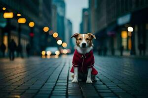 een hond vervelend een rood jas zit Aan de straat. ai-gegenereerd foto