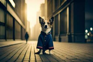 een hond vervelend een jasje staand Aan een straat. ai-gegenereerd foto