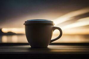 koffie kop Aan houten tafel met zonsondergang in achtergrond. ai-gegenereerd foto