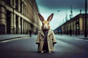 een konijn vervelend een loopgraaf jas en stropdas staand Aan de straat. ai-gegenereerd foto