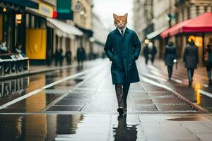 een Mens in een pak en een vos masker wandelen naar beneden een straat. ai-gegenereerd foto