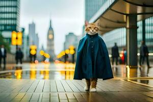 een kat vervelend een blauw jas en staand Aan een stad straat. ai-gegenereerd foto