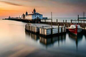 een boot is aangemeerd Bij een pier in de water. ai-gegenereerd foto