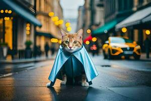 een kat vervelend een blauw kaap Aan een stad straat. ai-gegenereerd foto