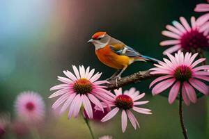 een vogel is neergestreken Aan een Afdeling met roze bloemen. ai-gegenereerd foto