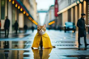 een kat vervelend een geel kaap Aan een regenachtig straat. ai-gegenereerd foto