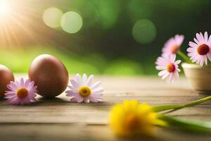 Pasen eieren en bloemen Aan een houten tafel. ai-gegenereerd foto