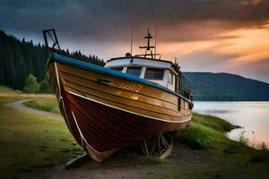 een boot zit Aan de kust van een meer Bij zonsondergang. ai-gegenereerd foto