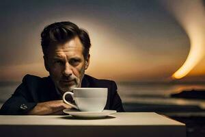 een Mens zittend Bij een tafel met een kop van koffie. ai-gegenereerd foto