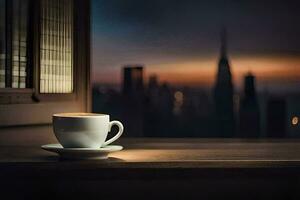 een kop van koffie Aan een venster dorpel met een stadsgezicht in de achtergrond. ai-gegenereerd foto