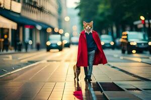 een Mens in een rood jas en een hond wandelen naar beneden een straat. ai-gegenereerd foto