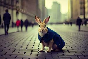 een konijn vervelend een blauw jas Aan een steen straat. ai-gegenereerd foto
