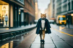 een kat in een jas wandelen naar beneden een straat. ai-gegenereerd foto