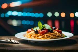 spaghetti met tomaten en basilicum Aan een bord. ai-gegenereerd foto