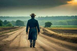 Mens in een hoed en jas wandelen naar beneden een aarde weg. ai-gegenereerd foto