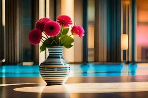 een vaas met roze bloemen zittend Aan een tafel. ai-gegenereerd foto