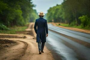 een Mens in een pak en hoed wandelingen naar beneden een aarde weg. ai-gegenereerd foto