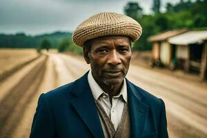 een Afrikaanse Mens vervelend een hoed staat Aan een aarde weg. ai-gegenereerd foto