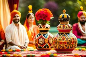 Indisch bruiloft ceremonie met kleurrijk vazen. ai-gegenereerd foto