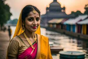 een mooi Indisch vrouw in een sari poses voor een foto. ai-gegenereerd foto