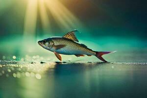 een vis is wandelen Aan de water met zonlicht schijnt. ai-gegenereerd foto