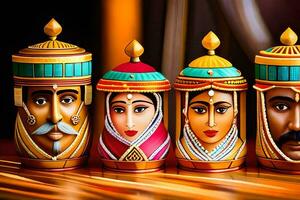 vijf kleurrijk geschilderd potten met gezichten van Indisch Dames. ai-gegenereerd foto