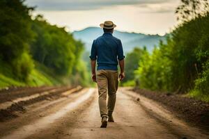 een Mens wandelen naar beneden een aarde weg met een hoed Aan. ai-gegenereerd foto