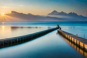 de zon stijgt over- een pier in de water. ai-gegenereerd foto