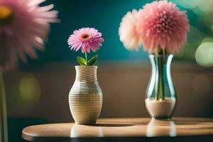 twee roze bloemen in vazen Aan een tafel. ai-gegenereerd foto